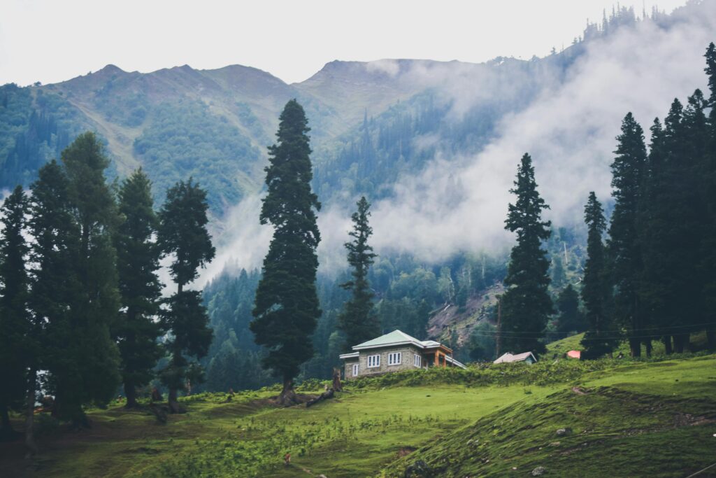 A serene foggy landscape showcasing a house surrounded by lush trees and mountains in Sonamarg.